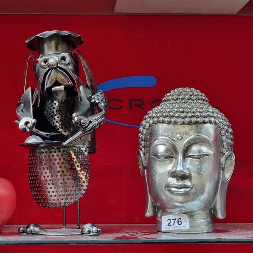 276 - A fantastic metal wine bottle holder in the form of a doggy chef. Along with a sculpture of a buddha... 