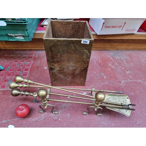 292 - A vintage wooden fireside kindling box with brass panels fitted to sides. Accompanied by a full set ... 