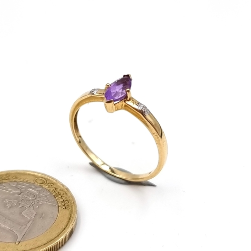 46 - A beautiful Marquise cut 9 carat gold Amethyst and Diamond ring. Ring size: S. Weight: 1.57 grams.