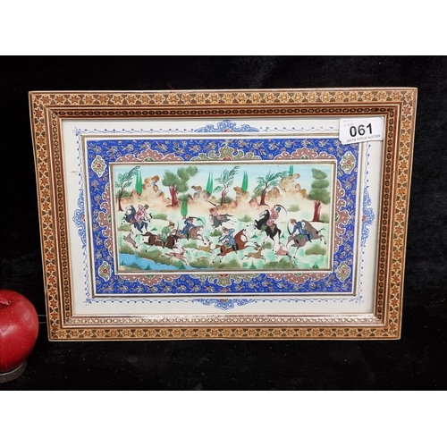 61 - A highly intricate mixed media painting featuring a dynamic Eastern Asian hunting scene set on a pro... 