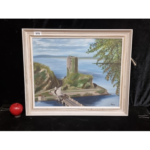 70 - An original oil on canvas painting featuring a landscape scene of the ruins of a medieval tower hous... 