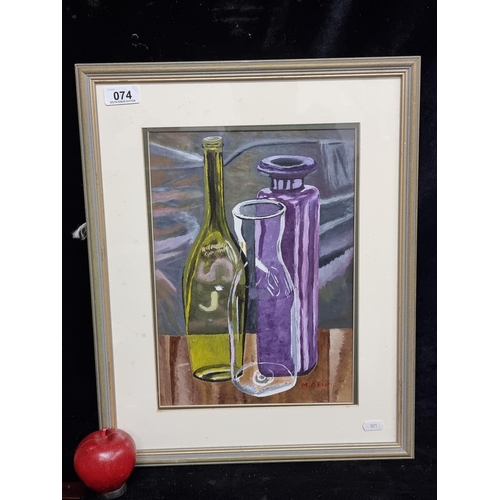 74 - An original oil on board painting of a still life featuring coloured glass bottles against a draped ... 