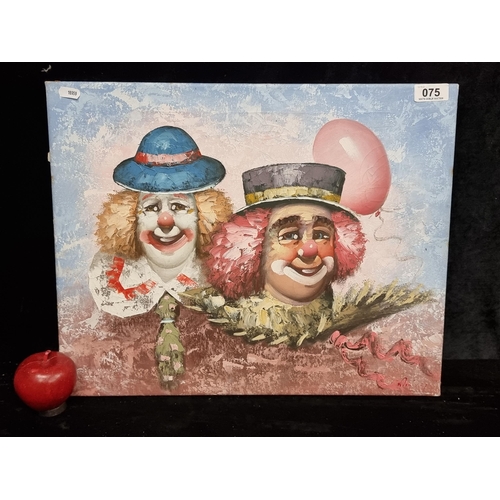 75 - An original oil on canvas painting featuring a portrait of two clowns in a palette of blues and pink... 