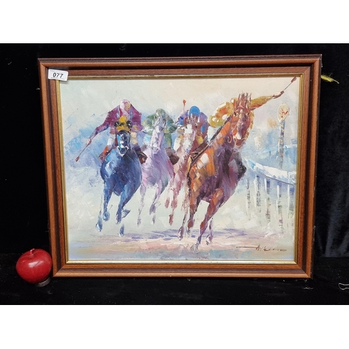 77 - An original oil on board painting featuring a colourful dynamic composition of a fast paced horse ra... 