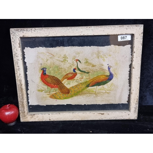 87 - An original vintage watercolour painting on handmade crepe paper featuring colourful peacocks and ph... 