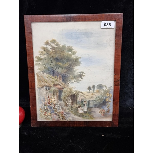 88 - An antique watercolour and embroidery on silk painting. Featuring a beautiful cottage garden with am... 