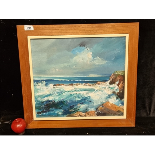 94 - An original impasto oil on board painting featuring a coastal scene with heavy darkened sky. An acco... 