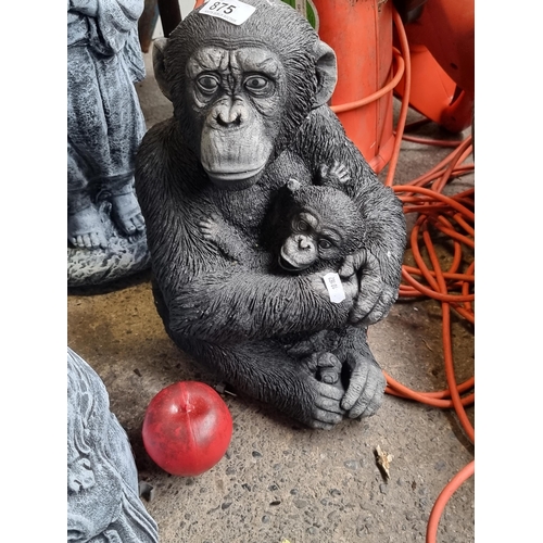 875 - A very realistic reconstituted stone garden figure of a chimpanzee and its baby.