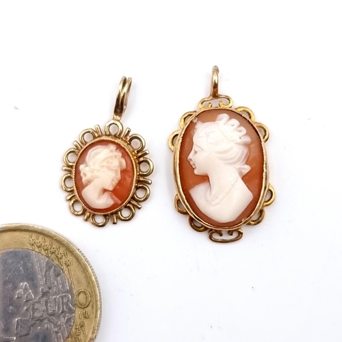 917 - A collection of two antique quality 9 carat gold Cameo pendants, each stamped 375. With a total weig... 