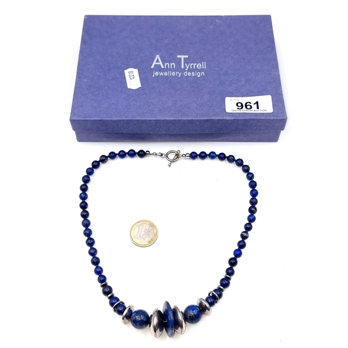 961 - A fabulous Ann Tyrrell sterling silver (stamped 925) and lapis lazuli graduated beaded necklace. Fit... 