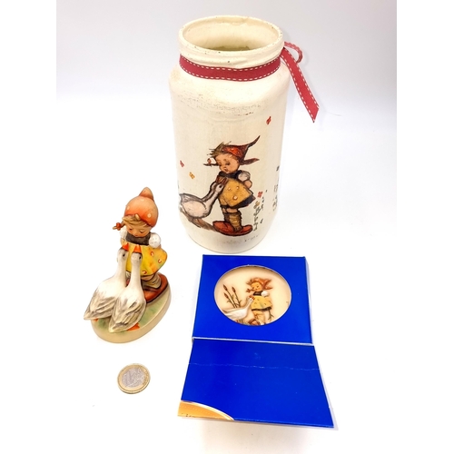 964 - Three West German Hummel items with a figure of a little girl with her geese and a neatly sized plat... 