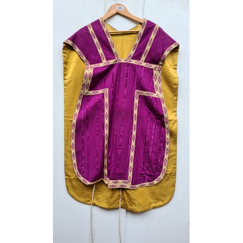 970 - An ornate vintage purple and gilt taffeta chasuble vestment worn by the presiding priest during mass... 