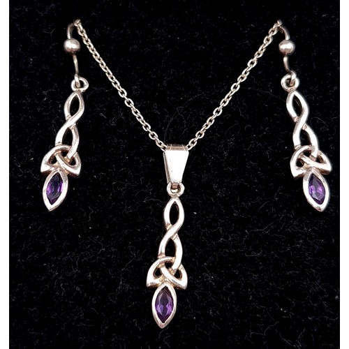 36 - A pretty suite of Irish designed sterling silver jewellery, featuring Amethyst stones and including ... 