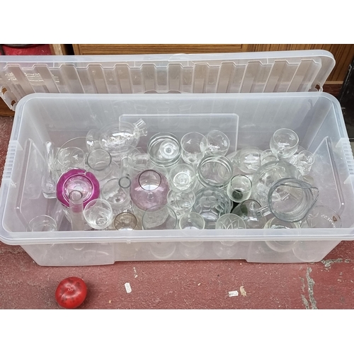 341 - A very large box containing approx. 40 glassware items including an oil and vinegar decanter, a pitc... 