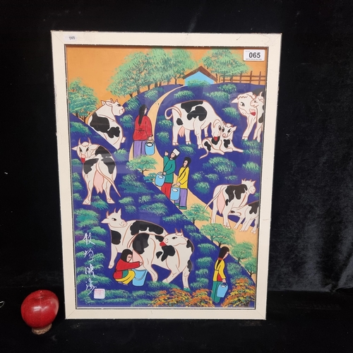 65 - A charming original gouache on paper painting featuring figures tending to their cows. Rendered in a... 