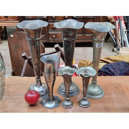 679 - Six Antique church  EPNS candle sticks including three large, two matching smaller examples and one ... 