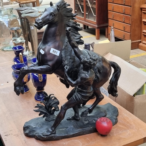 681 - Star Lot: A magnificent 19th century  very heavy and large cast brass sculpture of  rearing stallion... 