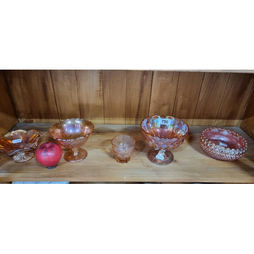 750 - Five eye-catching pieces of 1950's Carnival glass / Lustreware. Includes dishes and pedestal bowls.