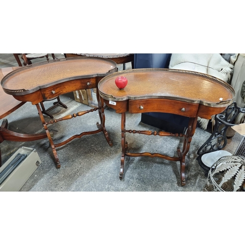 770 - Star lot : A fabulous pair of ornate side tables featuring kidney shaped tops with pierced brass gal... 