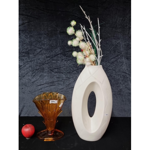 940 - A Midcentury amber Czech glass vase along with a modern cream ceramic vase.