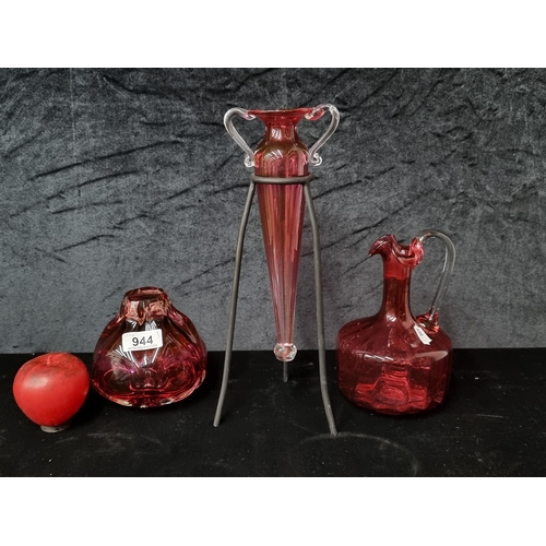 944 - Three pieces of antique handblown cranberry art glass. Includes a Japanese Sanyu glass example. Cran... 