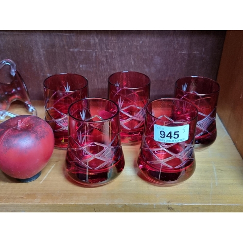 945 - A stunning set of five vintage cranberry cut glass tumblers. Super heavy quality.