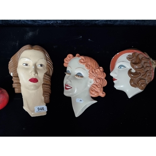 946 - Three stunning 1930's art deco style cast wall hangings of beautiful female portraits. Great stylise... 