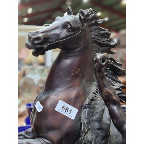 681 - Star Lot: A magnificent 19th century  very heavy and large cast brass sculpture of  rearing stallion... 