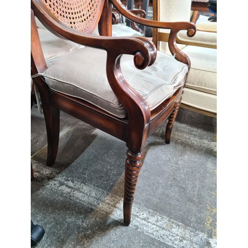 775 - Star Lot : A set of six Edwardian style walnut dining chairs with unusual demilune wicker backrests ... 