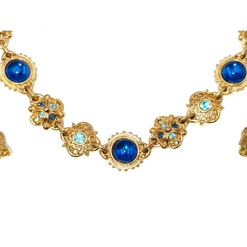 413 - A stunning vintage  gold toned multi stone necklace, with a weight of 44 grams. Accompanied by a pai... 