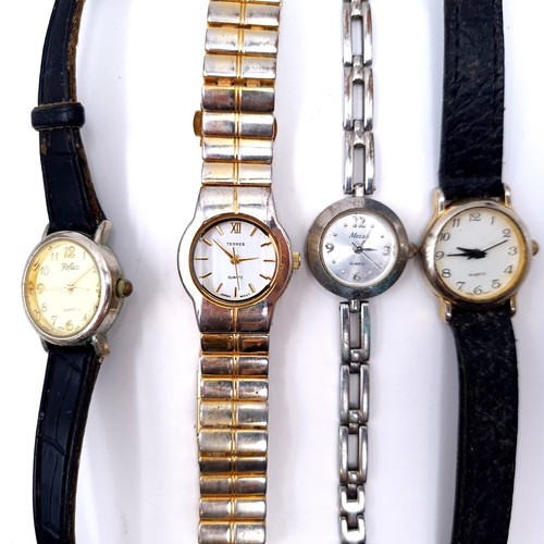 433 - A collection of twelve assorted wrist watches. Together with an 18 carat gold childs bracelet.