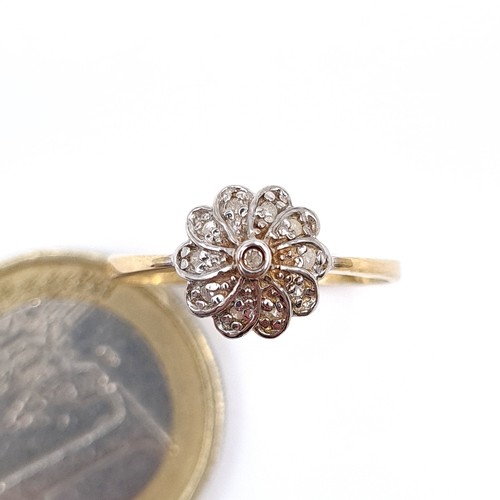 467 - A beautiful example of a floral art deco 9 carat gold Diamond ring, set in a cluster setting. Ring s... 