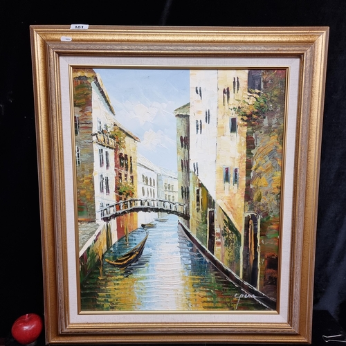 101 - A stunning original oil on canvas painting of a Venetian canal scene. Beautiful rhythmic palette kni... 