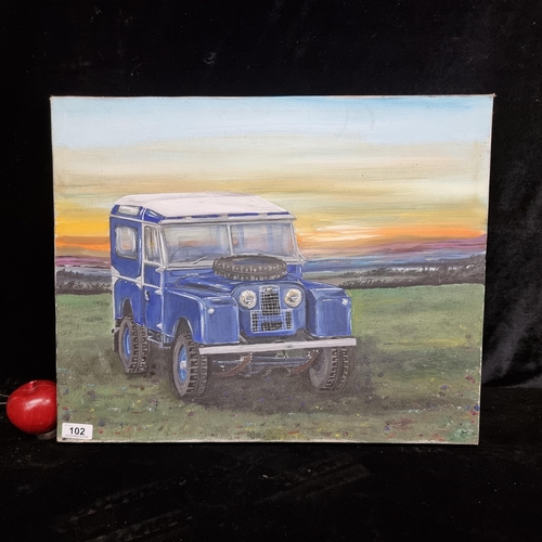 102 - A fabulous acrylic on box canvas painting of Land Rover Defender in the style of Terry Jenkins. Grea... 