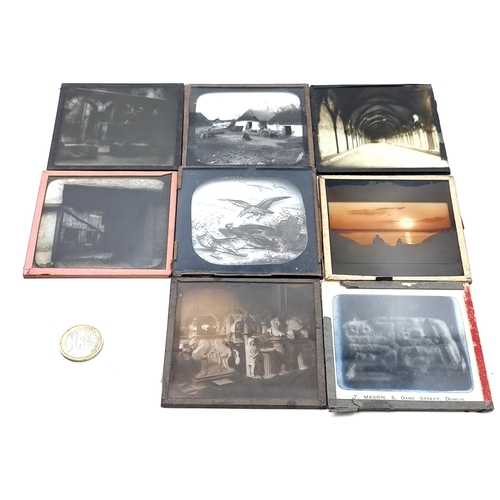 11 - A collection of 8 antique lantern plates depicting various Irish scenes together with a factory exam... 