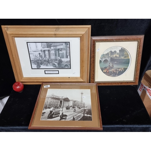 242 - Three framed prints of Dublin interest including a photograph of O'Connell Street and Thomas Moore's... 