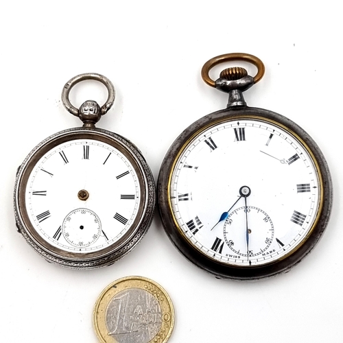 31 - 2 Pocket Watches, the first with a vintage sterling silver case, hallmarked Birmingham, set with whi... 