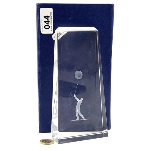 44 - A solid glass presentation Golf Trophy unmarked and enclosed in a silk lined presentation box. Dims ... 