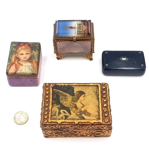 6 - A collection of four antique  lovely miniature jewellry boxes. A glass casket together with lacquere... 