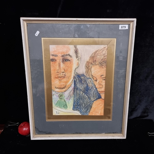 79 - An interesting original oil pastel on paper painting featuring a close up portrait of a male and fem... 