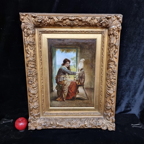 80 - Star Lot: An incredible early 20th century original oil on board painting featuring an Irish woman s... 