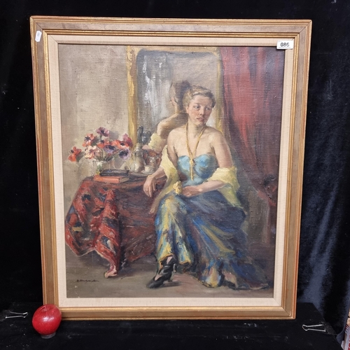 86 - Star Lot : A large early 20th century oil on canvas painting featuring a female figure dressed in bl... 