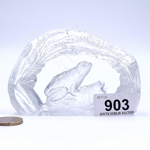 903 - A n unusual and heavy glass art studio piece, featuring a frog perched on a log among foliage. Signe... 