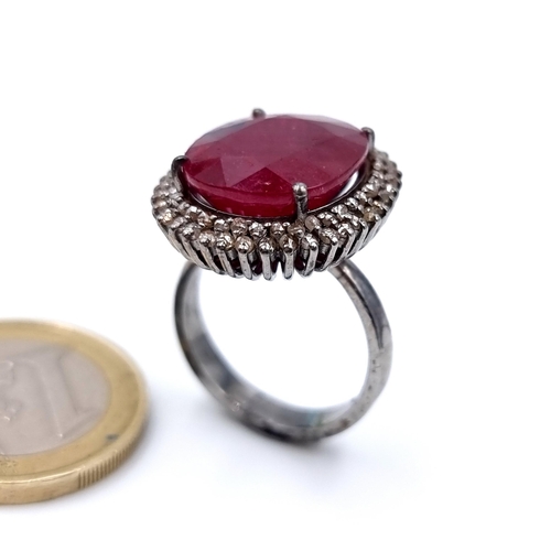 917 - Star Lot : A fabulous huge natural Ruby and diamond Ring of 14.95 cts set in Sterling Silver, ring s... 