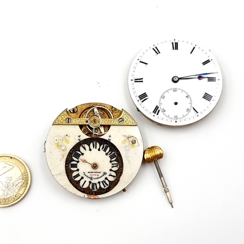 928 - Two good antique Pocket Watch Movements. Inc a rare Swiss movement with painted dial and open fly wh... 