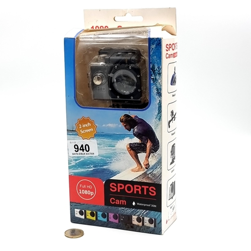 940 - An as new boxed, fully HD 1080p sports cam. With 2-inch screen and fully waterproof for up to 30m.