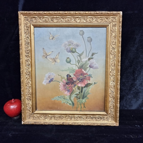 96 - Star Lot : An original late 19th century antique oil on canvas painting featuring poppies and butter... 