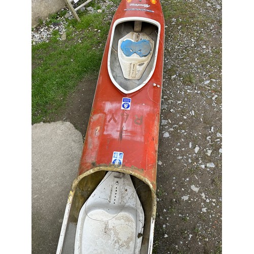 512 - Star Lot : A vintage Kirton Mystere, 14  feet double fibreglass canoe, Looks like it has has a repai... 