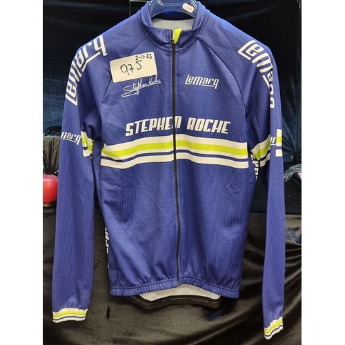 975 - Star Lot: A cycling jersey signed to back by Stephen Roche, the Irish former professional road racin... 