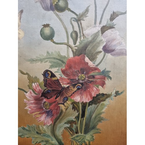 96 - Star Lot : An original late 19th century antique oil on canvas painting featuring poppies and butter... 